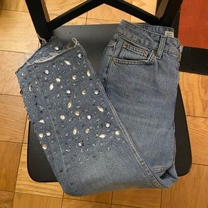Topshop Moto High Waisted MOM Jeans Women's Size 24 / 28 Petite Rhinestones NWT